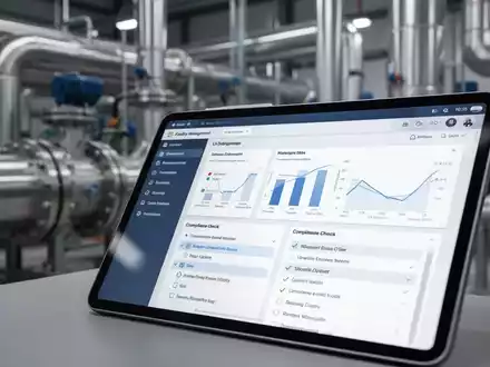 Ein Tablet zeigt ein Dashboard für Facility Management mit Daten und Checklisten vor unscharfen Industrieanlagen. - Foto: über boerse-global.de