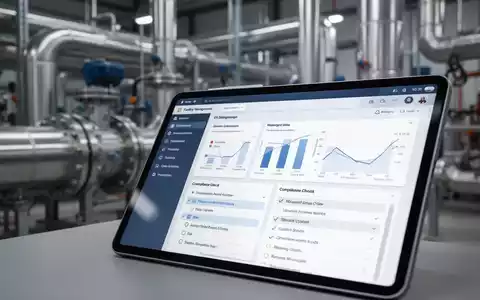 Ein Tablet zeigt ein Dashboard für Facility Management mit Daten und Checklisten vor unscharfen Industrieanlagen. - Foto: über boerse-global.de