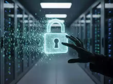 Digitales Vorhängeschloss, das in Binärcode zerfällt, während eine Hackerhand auf eine Netzwerkschnittstelle zugreift – Symbol für Phishing und Sicherheitsverletzungen. - Foto: über boerse-global.de