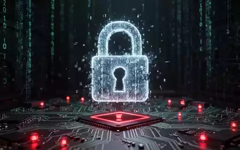 Ein leuchtendes digitales Schloss-Symbol, umgeben von Binärcode, schwebt über einer Platine mit roten Warnlichtern. - Foto: über boerse-global.de