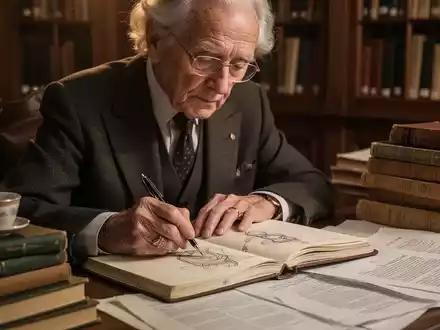 Eine ältere Person skizziert oder schreibt nachdenklich in einem Notizbuch, umgeben von Büchern in einer eleganten Studie. - Foto: über boerse-global.de