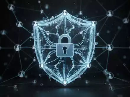 Digitales Netzwerk mit Schild- und Schlosssymbol für Cybersicherheit und Datenschutz. Helle blaue Linien verbinden Knoten vor dunklem Hintergrund. - Foto: über boerse-global.de