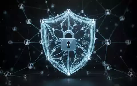 Digitales Netzwerk mit Schild- und Schlosssymbol für Cybersicherheit und Datenschutz. Helle blaue Linien verbinden Knoten vor dunklem Hintergrund. - Foto: über boerse-global.de