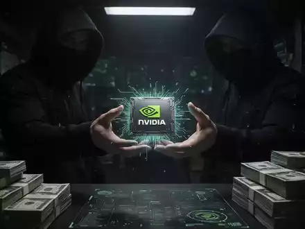 Eine schattenhafte Gestalt tauscht einen glühenden NVIDIA Blackwell KI-Serverchip in einem schwach beleuchteten, hochtechnologischen Schwarzmarkt-Setting. - Foto: über boerse-global.de