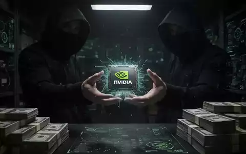 Eine schattenhafte Gestalt tauscht einen glühenden NVIDIA Blackwell KI-Serverchip in einem schwach beleuchteten, hochtechnologischen Schwarzmarkt-Setting. - Foto: über boerse-global.de