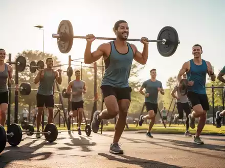 Eine Gruppe von Menschen, die am Wochenende im Freien Sport treiben, einige heben Gewichte, andere joggen. - Foto: über boerse-global.de