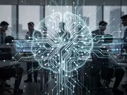 Leuchtendes neuronales Netzwerk, das fortschrittliche KI und Automatisierung symbolisiert, mit digitalem Code und unscharfen Silhouetten von Fachleuten im Hintergrund. - Foto: über boerse-global.de