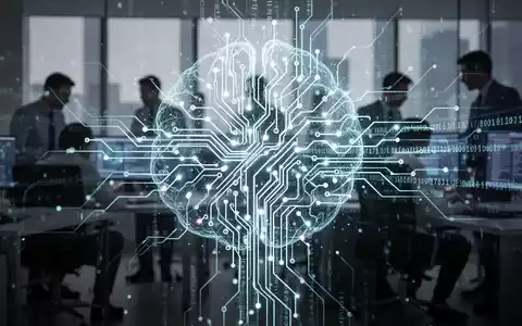 Leuchtendes neuronales Netzwerk, das fortschrittliche KI und Automatisierung symbolisiert, mit digitalem Code und unscharfen Silhouetten von Fachleuten im Hintergrund. - Foto: über boerse-global.de