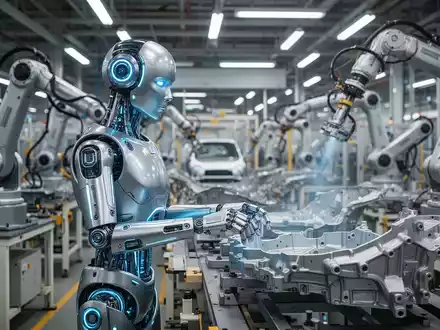 Humanoiden Roboter mit leuchtend blauen Akzenten an einem Fließband in einer modernen Fertigungsanlage, symbolisiert physische KI in der Industrie. - Foto: über boerse-global.de