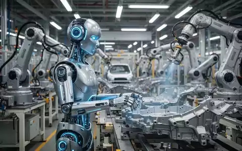 Humanoiden Roboter mit leuchtend blauen Akzenten an einem Fließband in einer modernen Fertigungsanlage, symbolisiert physische KI in der Industrie. - Foto: über boerse-global.de