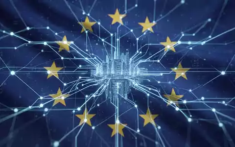 Stilisierte blaue Netzstruktur als Cloud-Computing-Infrastruktur mit abstrakter EU-Flaggenüberlagerung, die digitale Regulierung symbolisiert. - Foto: über boerse-global.de