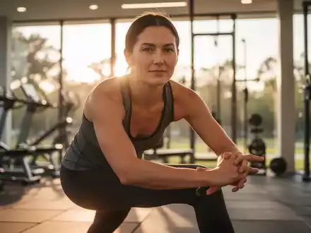 Eine Person in Sportkleidung dehnt sich sanft in einem hellen Fitnessstudio oder Park bei Sonnenaufgang, mit ruhigem Ausdruck. - Foto: über boerse-global.de