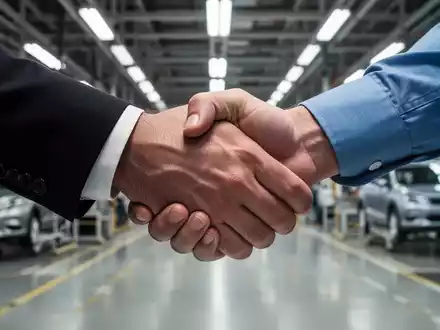 Zwei Hände, eine im Anzug, die andere im blauen Hemd, schütteln sich fest vor dem Hintergrund einer Autofabrik, was Konflikt symbolisiert. - Foto: über boerse-global.de