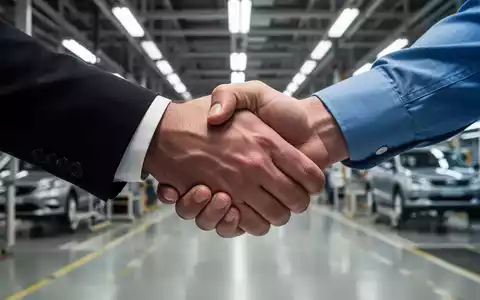 Zwei Hände, eine im Anzug, die andere im blauen Hemd, schütteln sich fest vor dem Hintergrund einer Autofabrik, was Konflikt symbolisiert. - Foto: über boerse-global.de