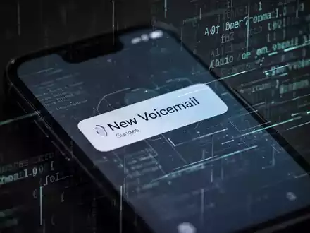 Ein Smartphone zeigt eine Benachrichtigung über eine neue Sprachnachricht, im Hintergrund verschwommene digitale Linien und Code, die Cyberkriminalität symbolisieren. - Foto: über boerse-global.de