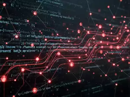 Dunkle, abstrakte digitale Illustration eines Netzwerks mit glühenden roten Linien und Knoten, die Datendiebstahl und Cyber-Bedrohung darstellen. - Foto: über boerse-global.de