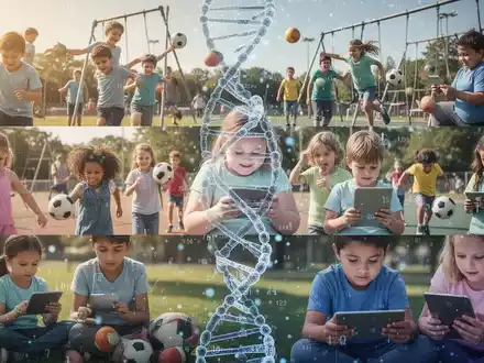 Eine Gruppe von Kindern und Jugendlichen, die Sport treiben oder Bildschirme betrachten, mit einer subtilen Überlagerung von DNA-Strängen und Datenpunkten. - Foto: über boerse-global.de