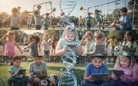 Eine Gruppe von Kindern und Jugendlichen, die Sport treiben oder Bildschirme betrachten, mit einer subtilen Überlagerung von DNA-Strängen und Datenpunkten. - Foto: über boerse-global.de