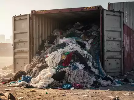Ein Berg weggeworfener Textilien, hauptsächlich Acryl, quillt aus einem Seecontainer in einem sonnigen Industriehafen. - Foto: über boerse-global.de