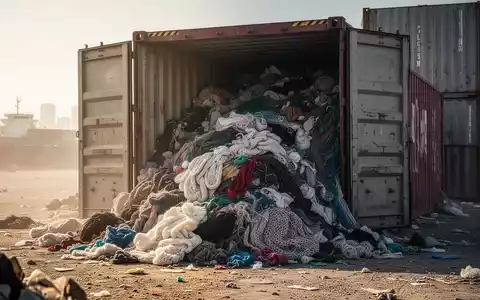 Ein Berg weggeworfener Textilien, hauptsächlich Acryl, quillt aus einem Seecontainer in einem sonnigen Industriehafen. - Foto: über boerse-global.de