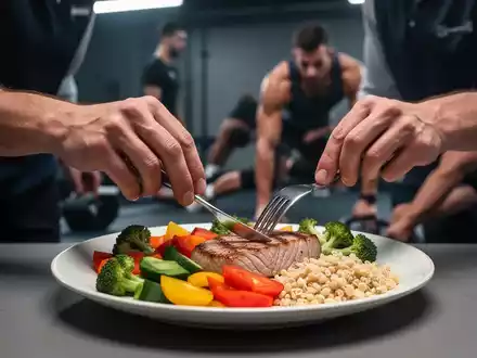 Hände eines Sport-Ernährungswissenschaftlers, die eine ausgewogene Mahlzeit mit Proteinen, Gemüse und Kohlenhydraten anrichten. - Foto: über boerse-global.de