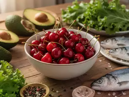 Eine Nahaufnahme einer Schale mit frischen, leuchtend roten Kirschen, umgeben von gesunden Lebensmitteln wie Avocado und Fisch. - Foto: über boerse-global.de