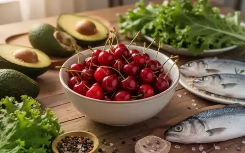 Eine Nahaufnahme einer Schale mit frischen, leuchtend roten Kirschen, umgeben von gesunden Lebensmitteln wie Avocado und Fisch. - Foto: über boerse-global.de