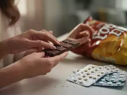 Eine Frau greift nach einem Snack, im Hintergrund unscharf ein Blisterpack mit Antibabypillen, um Essverhalten und Hormone zu symbolisieren. - Foto: über boerse-global.de