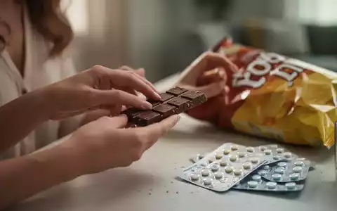 Eine Frau greift nach einem Snack, im Hintergrund unscharf ein Blisterpack mit Antibabypillen, um Essverhalten und Hormone zu symbolisieren. - Foto: über boerse-global.de