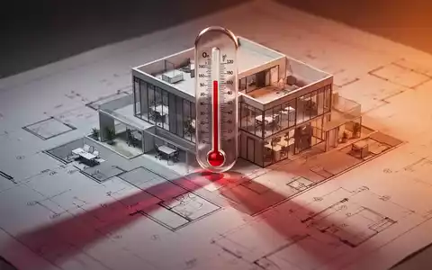 Ein stilisiertes Thermometer mit steigender Quecksilbersäule, das einen langen Schatten auf einen Bauplan eines modernen Bürogebäudes wirft. - Foto: über boerse-global.de