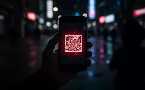 Eine Hand hält ein Smartphone mit einem bedrohlich rot leuchtenden QR-Code vor einem unscharfen, dunklen Stadtbild. - Foto: über boerse-global.de