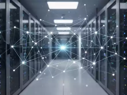 Leuchtendes, vernetztes Linien- und Punktesystem, das digitale Zusammenarbeit und Open-Source-Software vor Rechenzentrumshintergrund symbolisiert. - Foto: über boerse-global.de