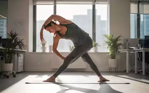 Eine Person dehnt sich in einer sanften Yoga-Pose in einem modernen Büro. Sonnenlicht fällt durch ein Fenster. - Foto: über boerse-global.de