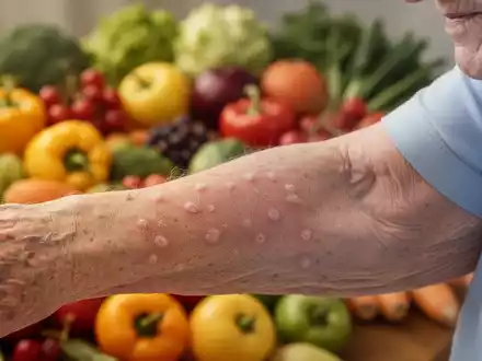 Ein älterer Arm mit Anzeichen von Gürtelrose, umgeben von verschwommenem, gesundem Essen wie Obst und Gemüse. - Foto: über boerse-global.de