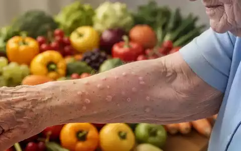 Ein älterer Arm mit Anzeichen von Gürtelrose, umgeben von verschwommenem, gesundem Essen wie Obst und Gemüse. - Foto: über boerse-global.de