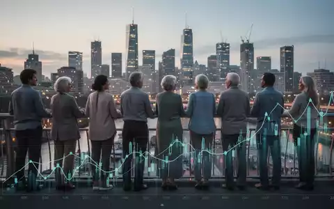 Eine vielfältige Gruppe von Menschen auf einer Brücke, die eine moderne Stadt bei Sonnenuntergang überblickt, mit einem subtilen Finanzgraphen. - Foto: über boerse-global.de