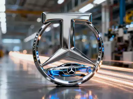 Ein stilisiertes, metallisches 'T'-Logo, verschmolzen mit einem futuristischen Mercedes-Benz-Designelement auf einem Fabrikhintergrund. - Foto: über boerse-global.de