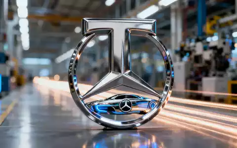 Ein stilisiertes, metallisches 'T'-Logo, verschmolzen mit einem futuristischen Mercedes-Benz-Designelement auf einem Fabrikhintergrund. - Foto: über boerse-global.de