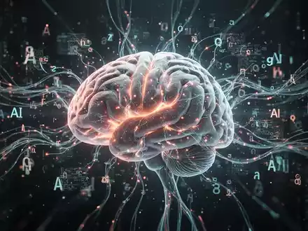 Ein stilisiertes Gehirn mit leuchtenden neuronalen Pfaden, verbunden mit abstrakten digitalen Elementen und Sprachsymbolen. - Foto: über boerse-global.de