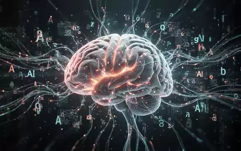 Ein stilisiertes Gehirn mit leuchtenden neuronalen Pfaden, verbunden mit abstrakten digitalen Elementen und Sprachsymbolen. - Foto: über boerse-global.de