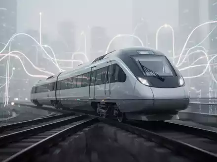 Ein schlanker, moderner Zug fährt auf Gleisen. Im Hintergrund verschwommene, leuchtende Linien, die Daten oder Strategien symbolisieren. - Foto: über boerse-global.de