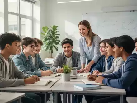 Eine Gruppe von Schülern arbeitet in einem modernen Klassenzimmer zusammen, während eine Lehrkraft unterstützend danebensteht. - Foto: über boerse-global.de