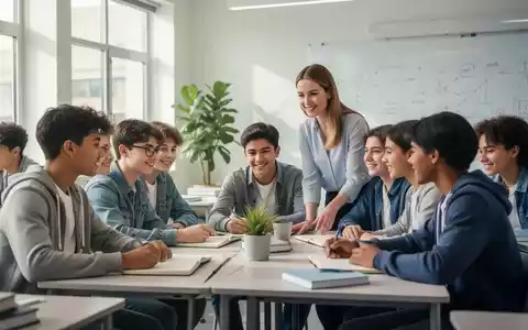 Eine Gruppe von Schülern arbeitet in einem modernen Klassenzimmer zusammen, während eine Lehrkraft unterstützend danebensteht. - Foto: über boerse-global.de