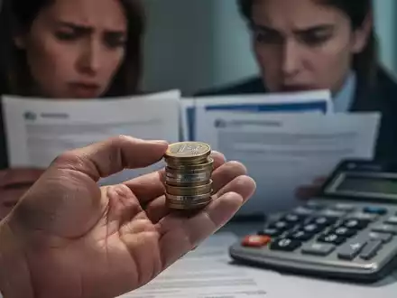 Eine Hand hält einen kleinen Stapel Euro-Münzen, im Hintergrund unscharf eine Person, die Dokumente oder einen Taschenrechner betrachtet. - Foto: über boerse-global.de