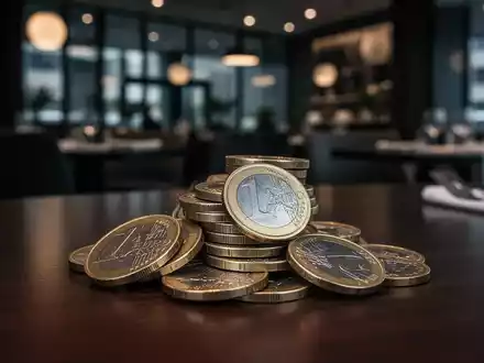 Ein Stapel deutscher Euro-Münzen liegt auf einem Restauranttisch, im Hintergrund ein unscharfes modernes Restaurantinterieur. - Foto: über boerse-global.de