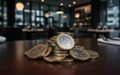 Ein Stapel deutscher Euro-Münzen liegt auf einem Restauranttisch, im Hintergrund ein unscharfes modernes Restaurantinterieur. - Foto: über boerse-global.de