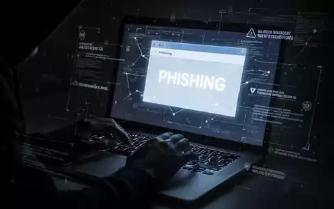 Hände tippen auf einem Laptop, mit leuchtender, bösartiger Phishing-E-Mail auf dem Bildschirm und digitalen Sicherheitswarnungen. - Foto: über boerse-global.de