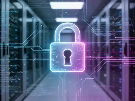 Ein stilisiertes, leuchtendes Vorhängeschloss-Symbol über einer digitalen Benutzeroberfläche mit Datenströmen und Codezeilen, im Hintergrund ein Serverraum. - Foto: über boerse-global.de