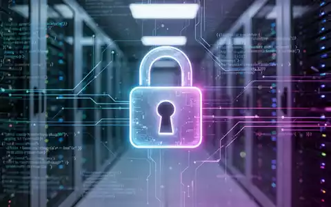 Ein stilisiertes, leuchtendes Vorhängeschloss-Symbol über einer digitalen Benutzeroberfläche mit Datenströmen und Codezeilen, im Hintergrund ein Serverraum. - Foto: über boerse-global.de