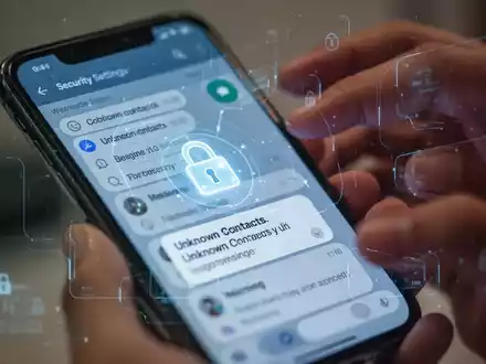 Nahaufnahme eines Smartphones, das Sicherheitseinstellungen und ein Vorhängeschloss-Symbol auf dem Bildschirm anzeigt, mit unscharfen Händen im Hintergrund. - Foto: über boerse-global.de
